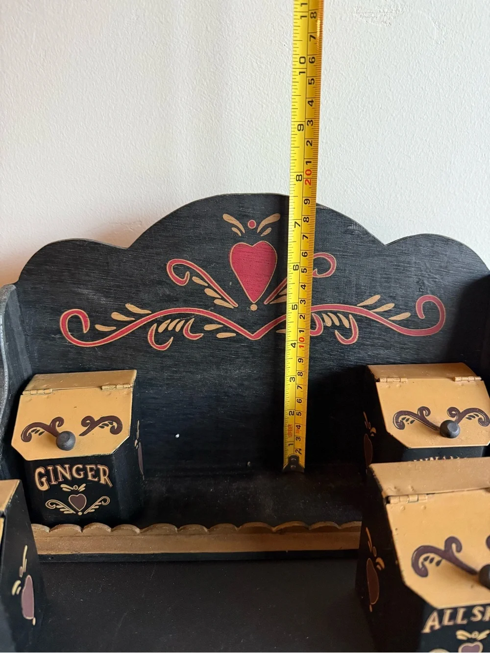 Vintage Folkart tin spice containers with wooden shelf